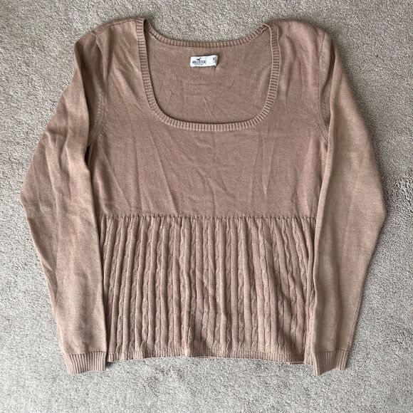 Hollister Babydoll Sweater Top Womens XL Tan Cable Knit Square Neck Y2K Preppy - Picture 1 of 7